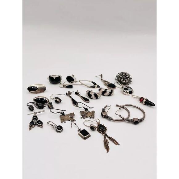 Lot Of Sterling Silver 925 Earrings Single/Pairs Black Onyx Silver SCRAP CRAFT - Picture 11 of 11